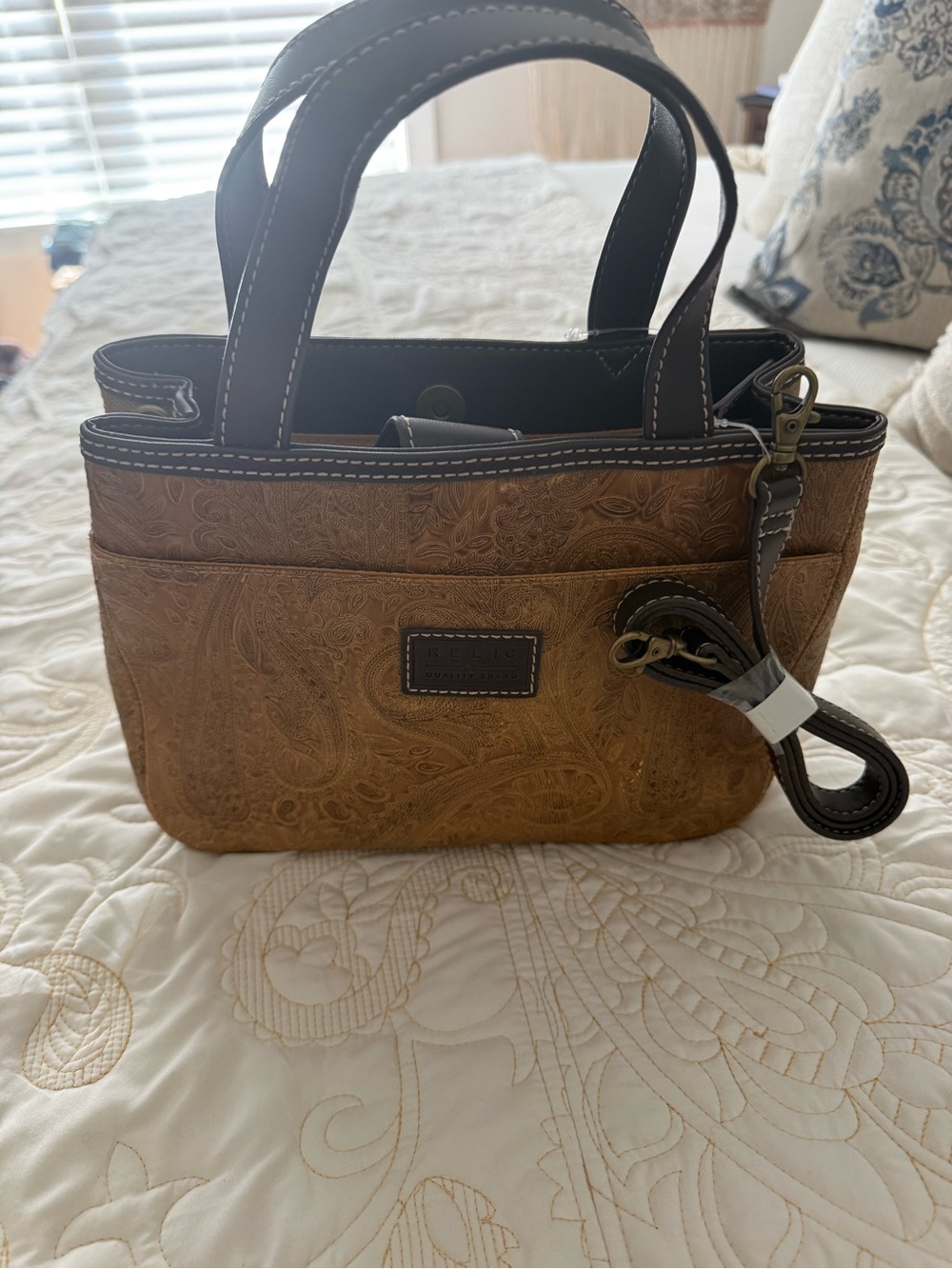 Women's Relic Embossed Brown Bag with Removable Strap